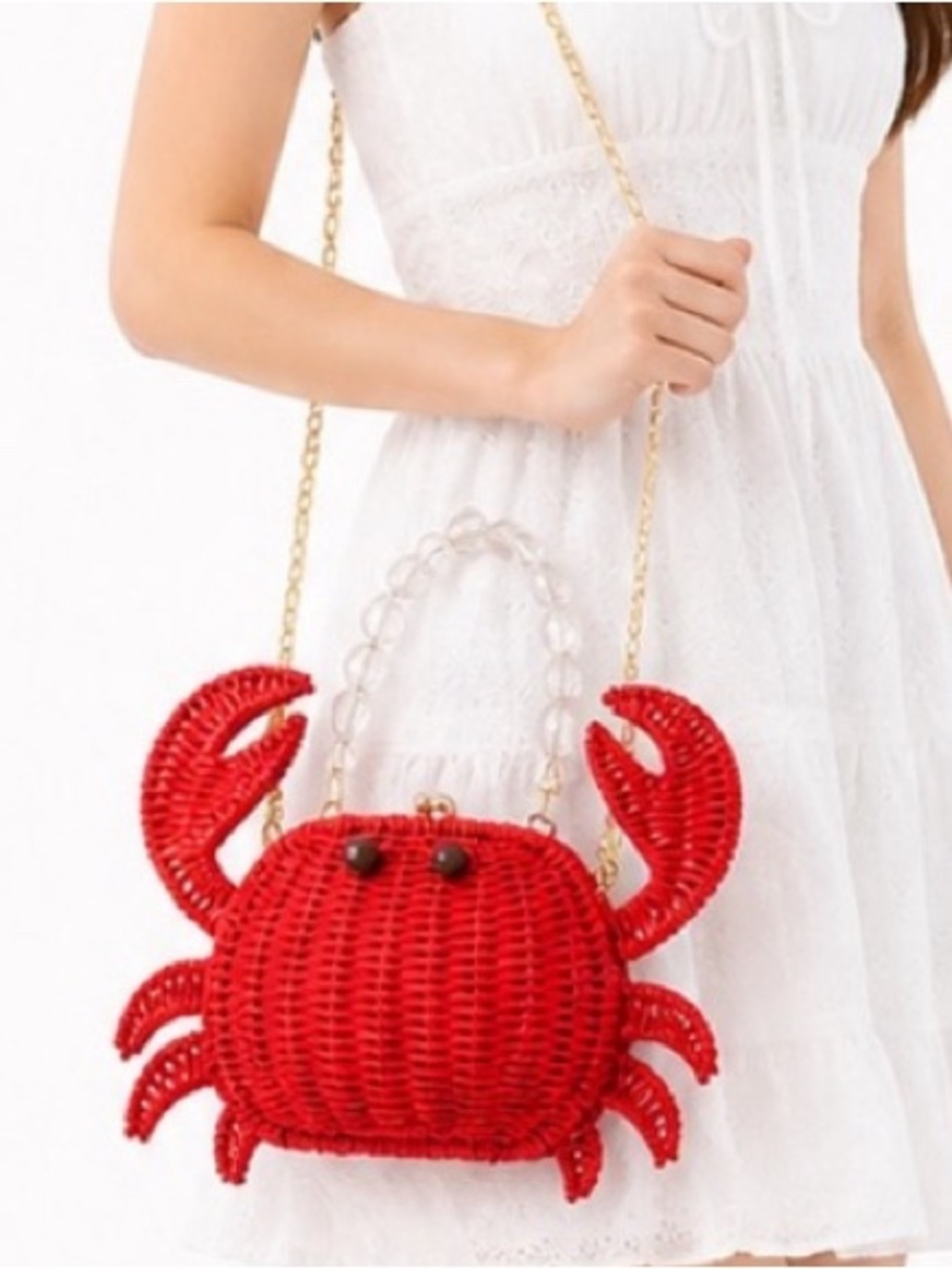 Tommy Bahama Red Crab Woven Straw Wicker Bag Gold Chain Crossbody & Clear Beads